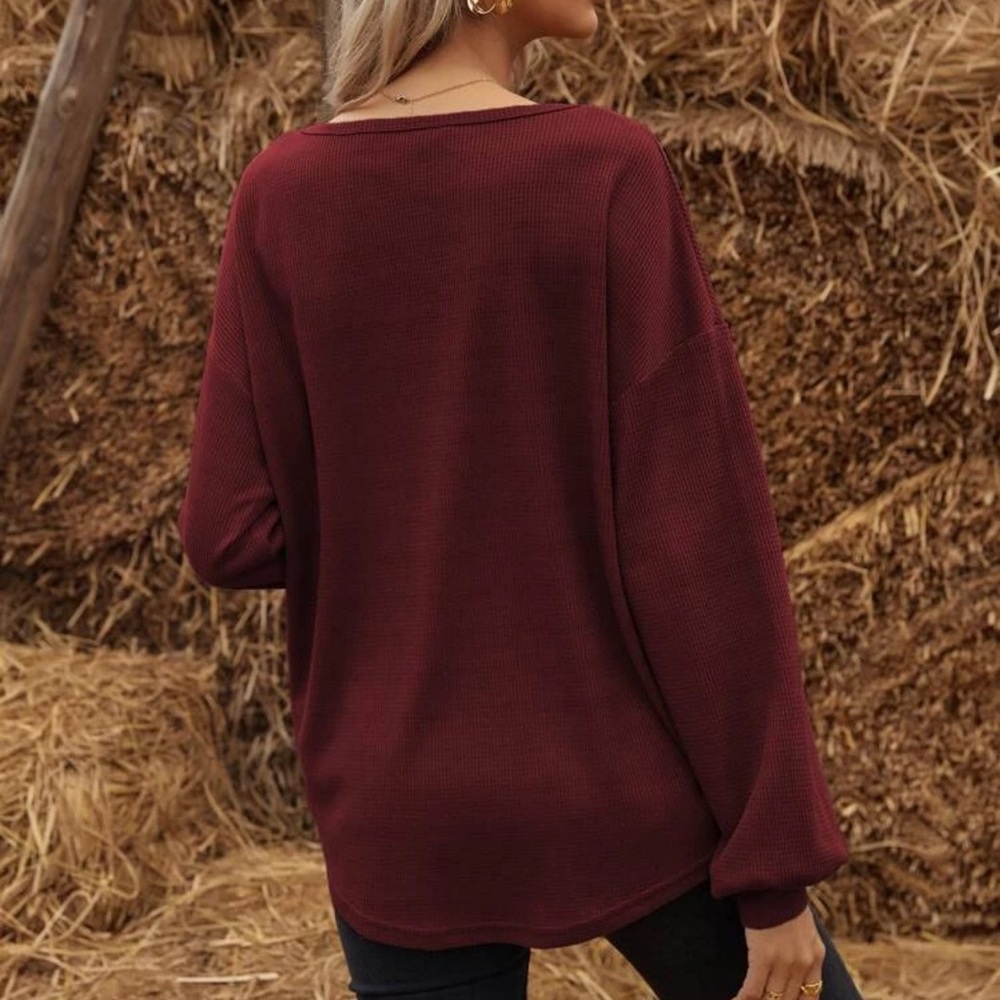 Waffle knit half placket button down henley long sleeve tee shirt boho oversized - Picture 7 of 14